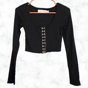 Gypsy Warrior Black Long-Sleeved Black Crop Top with Silver Hooks Size Small